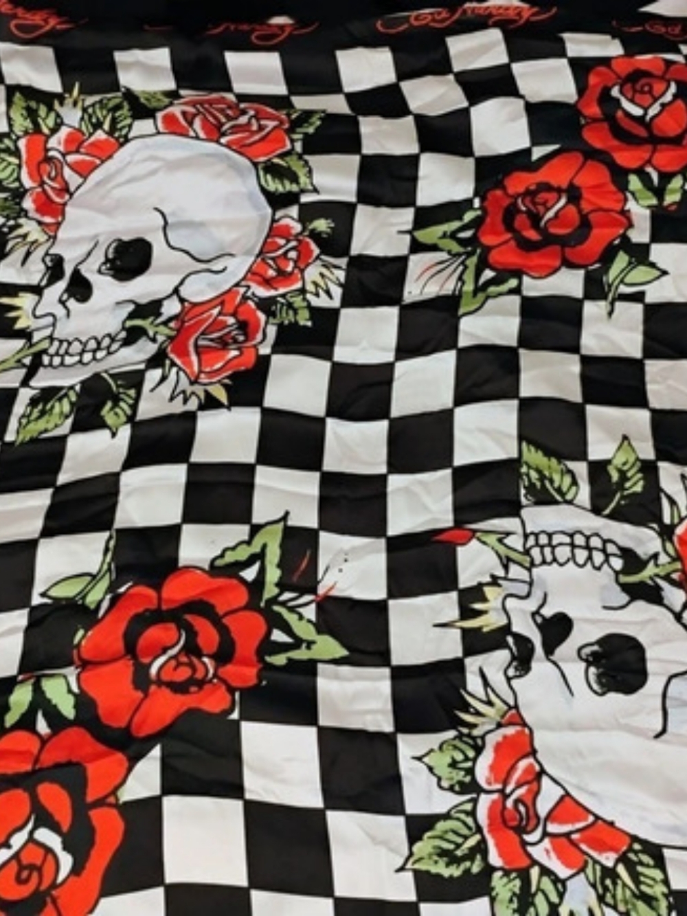 Ed Hardy Checkered Floral Skull Scarf in Black & White